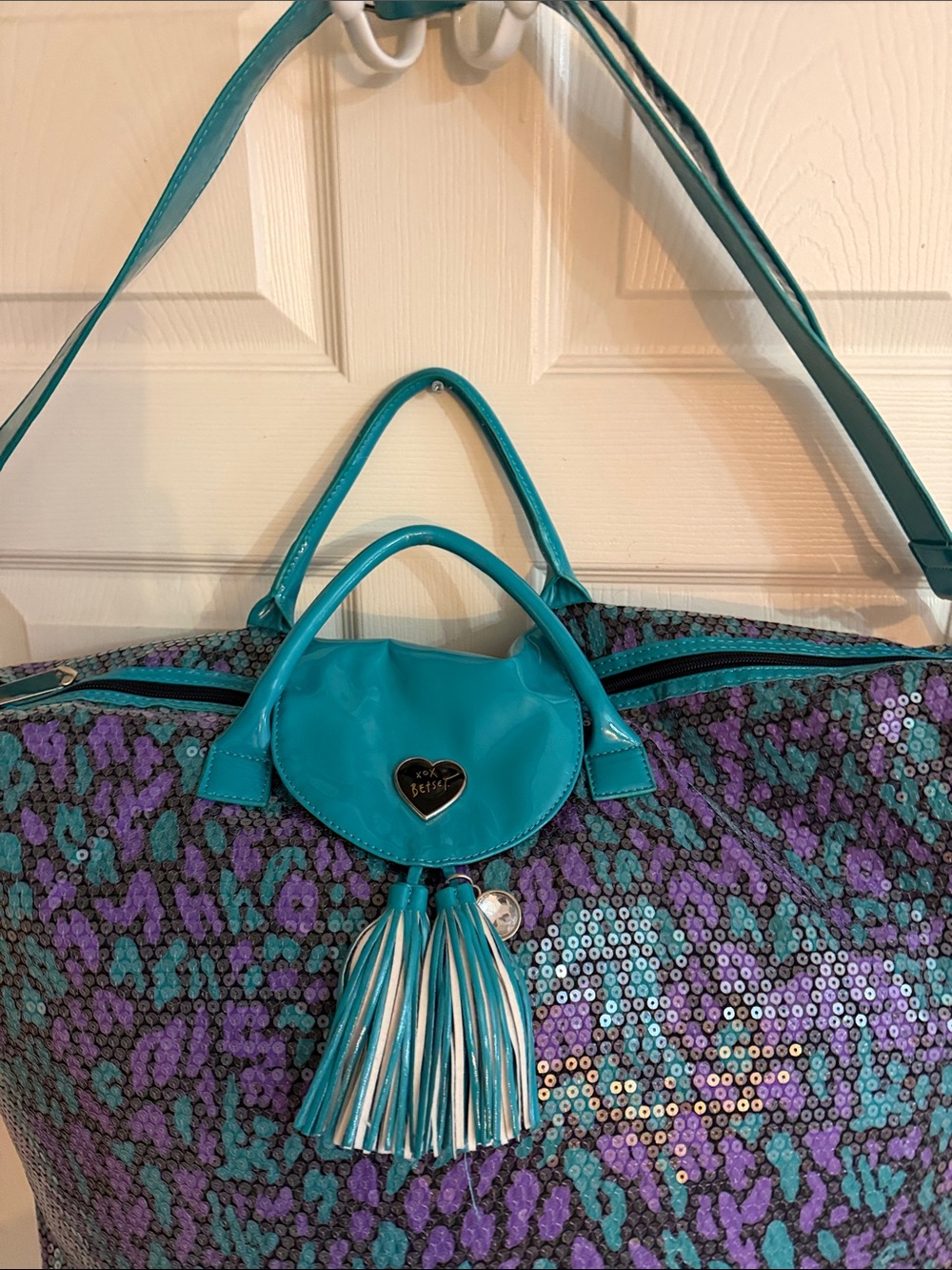Betsey Johnson Teal and Purple Sequin Tassel Tote - Picture 2 of 5